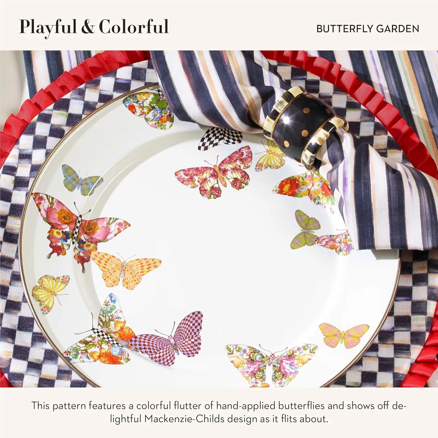 MACKENZIE-CHILDS Enamel Dinner Plate, Decorative Dinnerware Plate, 10 Inches, Set of 1, Butterfly Garden