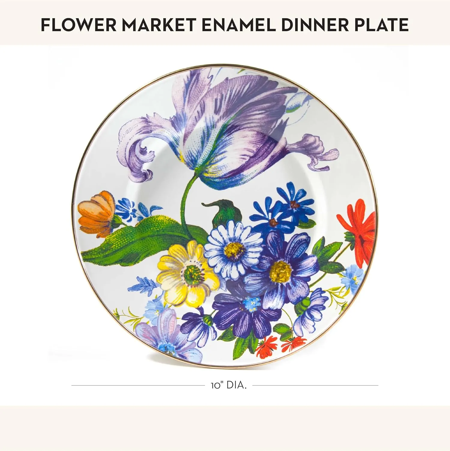 MACKENZIE-CHILDS Enamel Dinner Plate, Decorative Dinnerware Plate, 10 Inches, Set of 1, White Flower Market