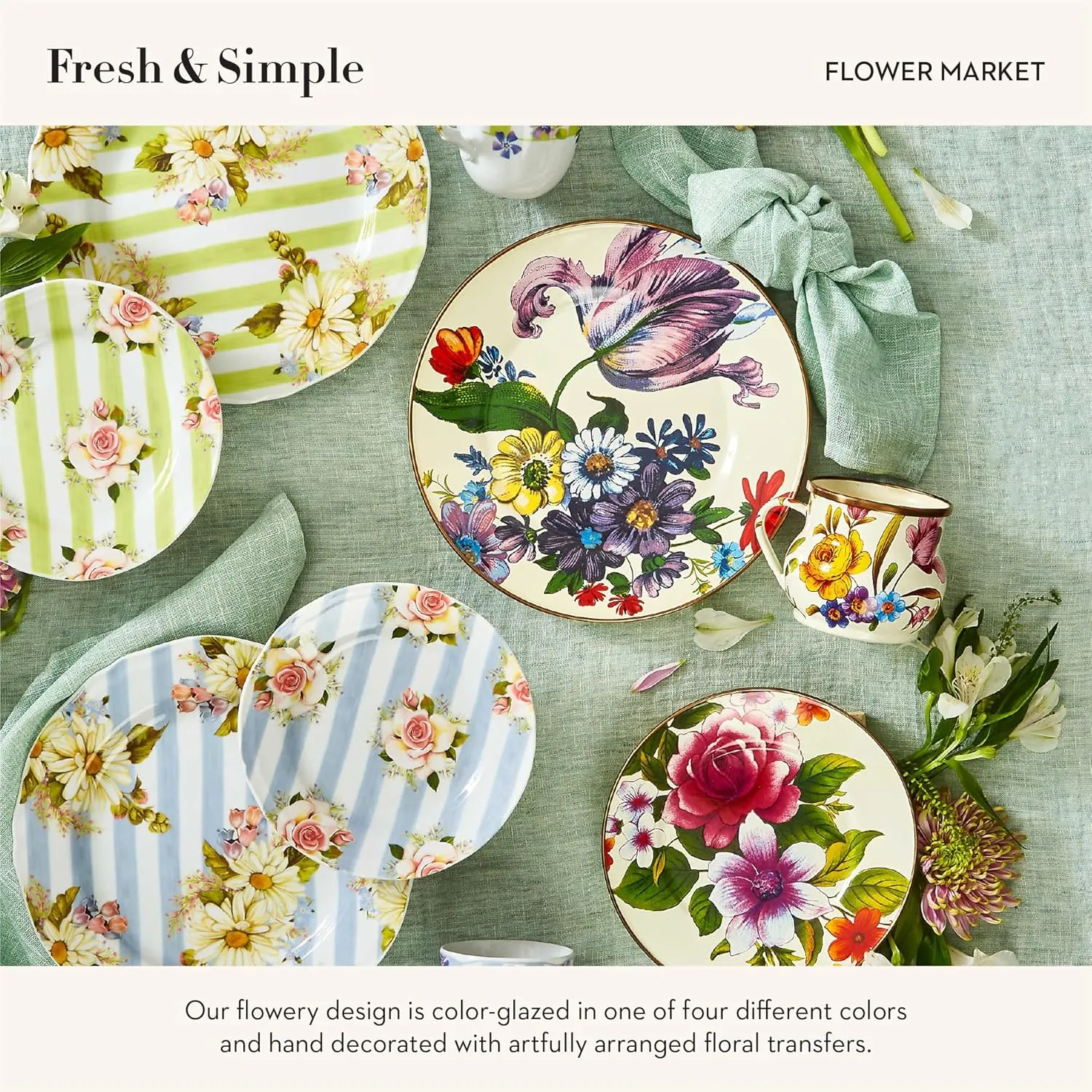 MACKENZIE-CHILDS Enamel Dinner Plate, Decorative Dinnerware Plate, 10 Inches, Set of 1, White Flower Market
