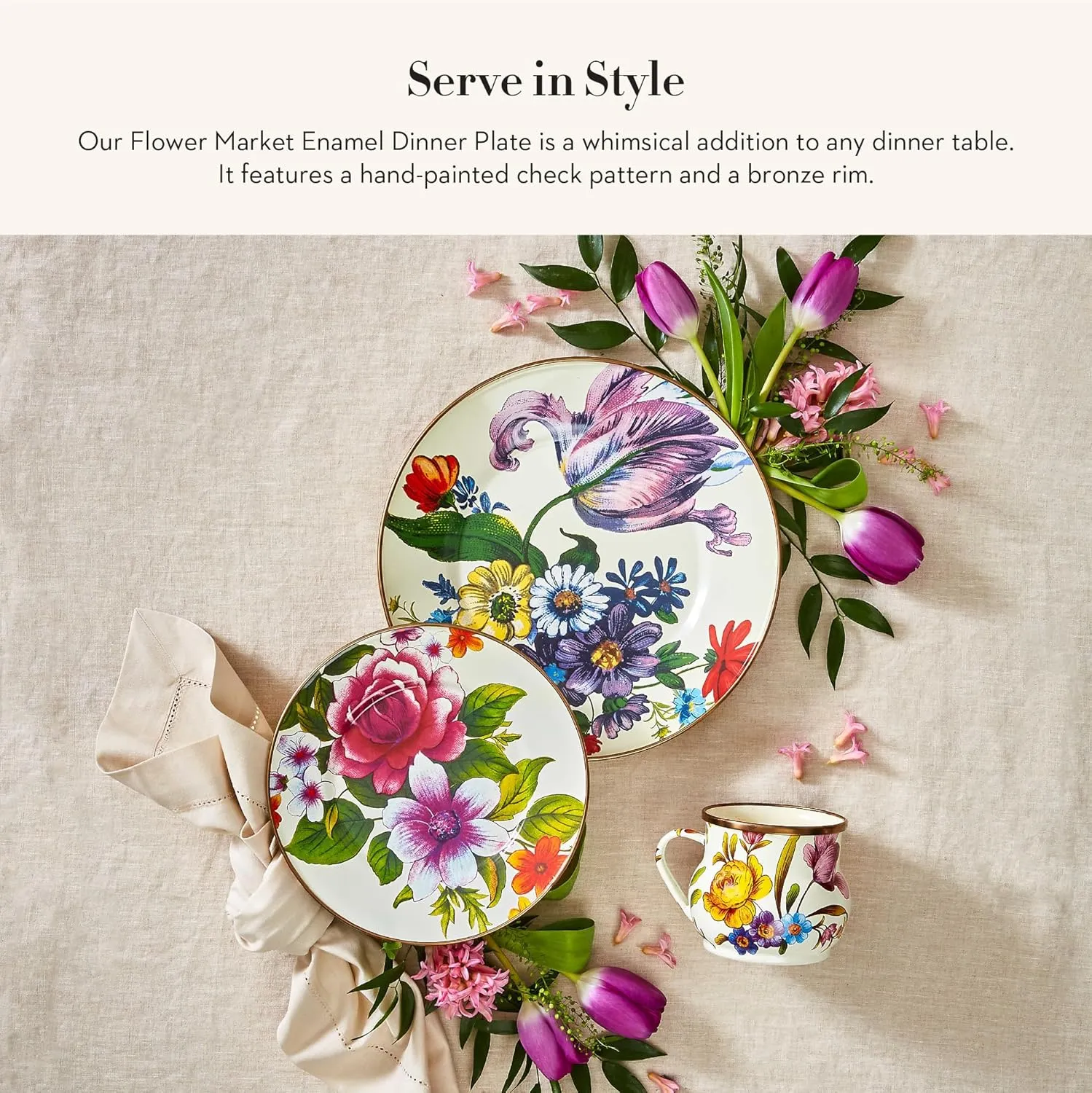 MACKENZIE-CHILDS Enamel Dinner Plate, Decorative Dinnerware Plate, 10 Inches, Set of 1, White Flower Market