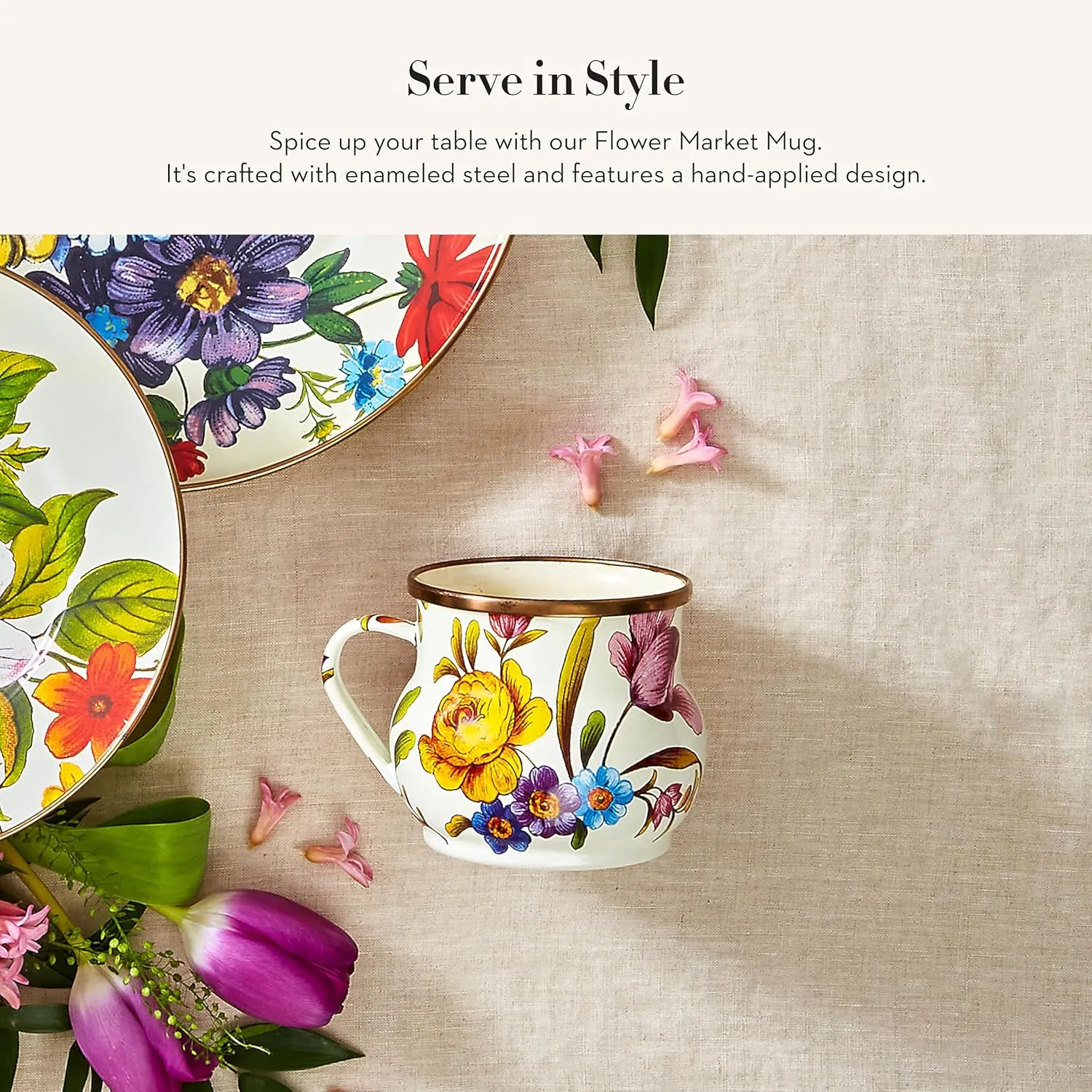 MACKENZIE-CHILDS Enamel Mug, Cute Enamelware Coffee and Tea Mug, Unique Drinkware, 16 Ounces, White Flower Market, Set of 1