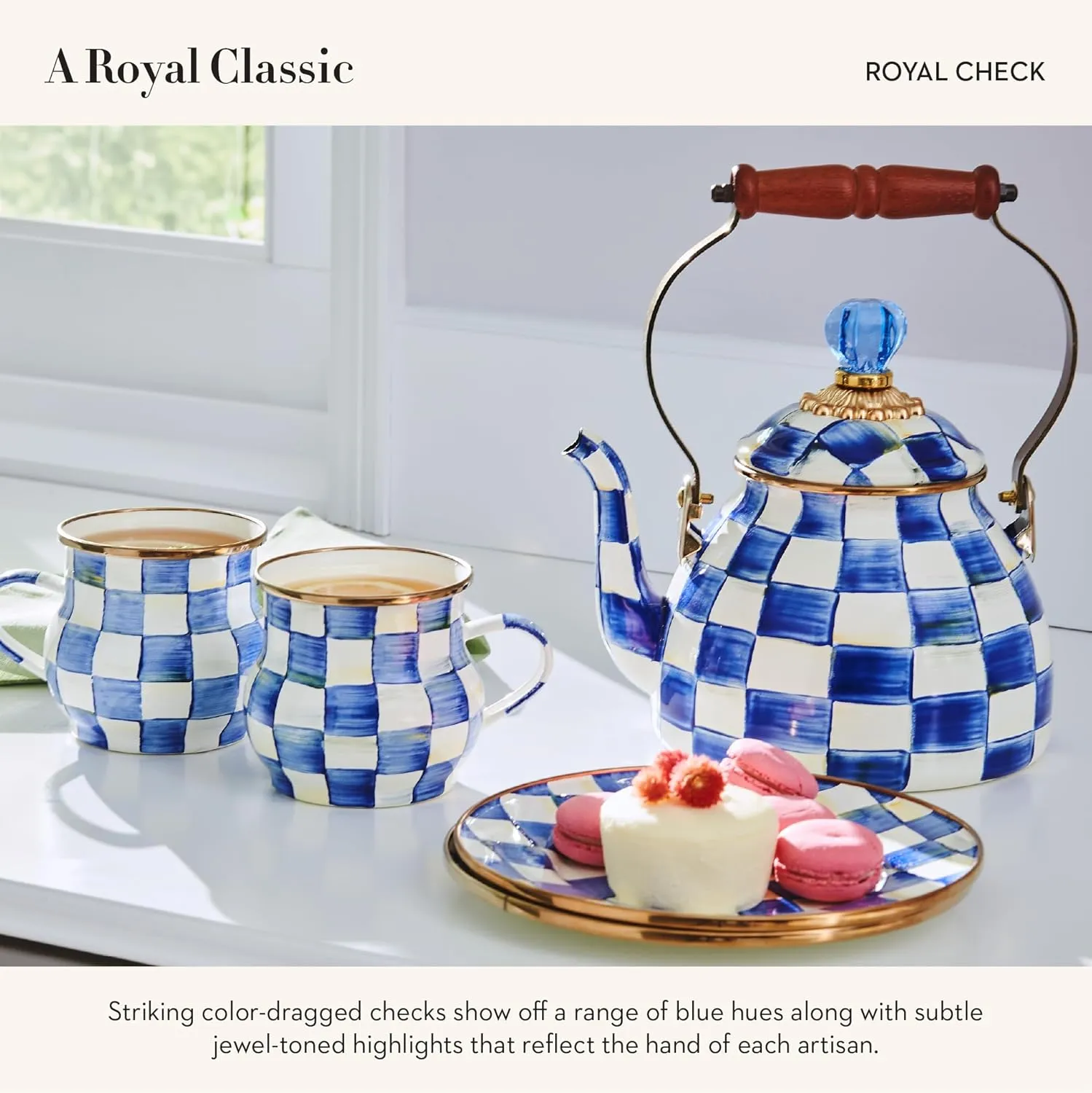 MACKENZIE-CHILDS Enamel Salad and Dessert Plate, Small Plate for a Dessert or Appetizer Dish, 8 Inches, Blue-and-White Royal Check