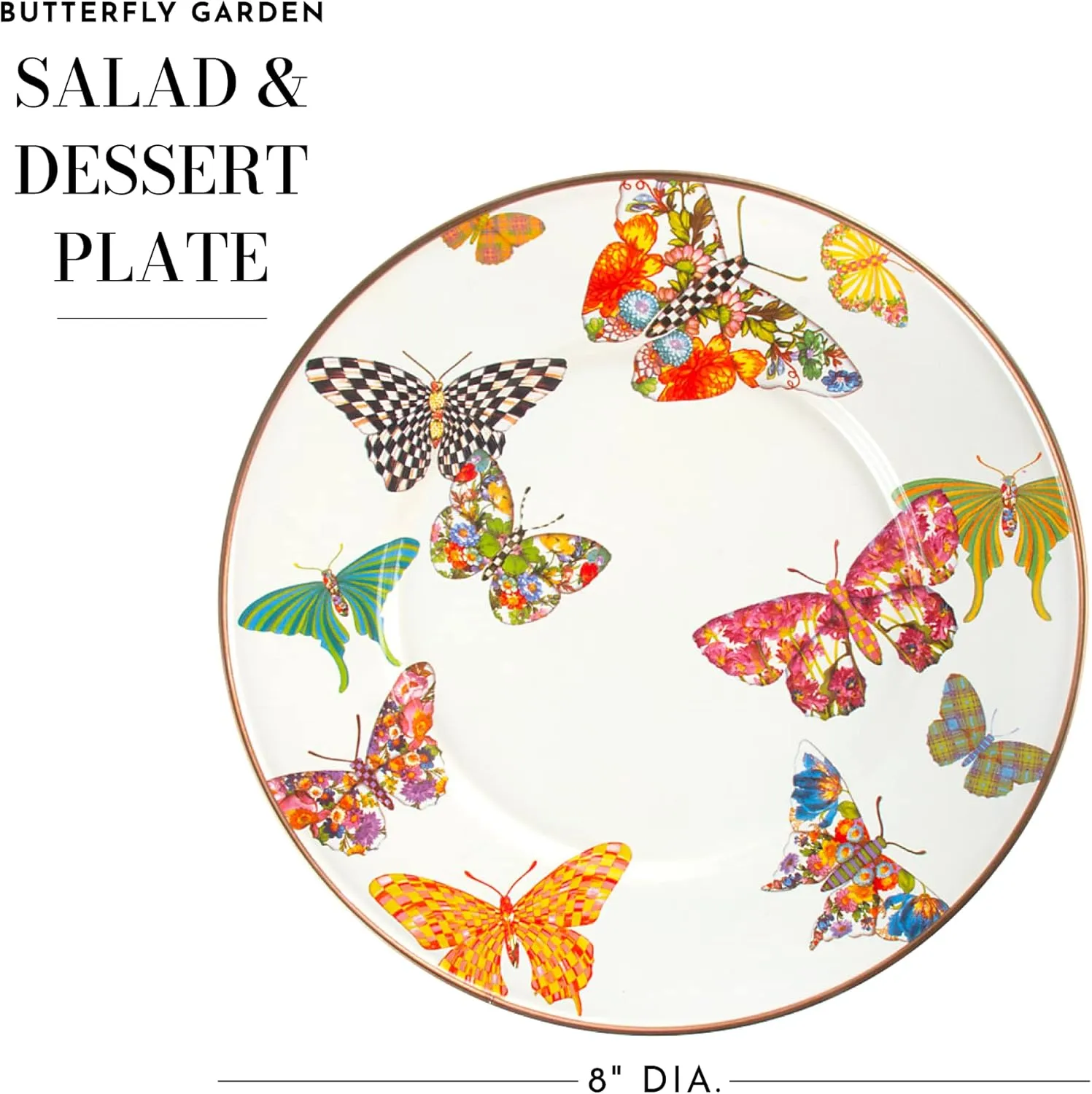 MACKENZIE-CHILDS Enamel Salad and Dessert Plate, Small Plate for a Dessert or Appetizer Dish, 8 Inches, Butterfly Garden