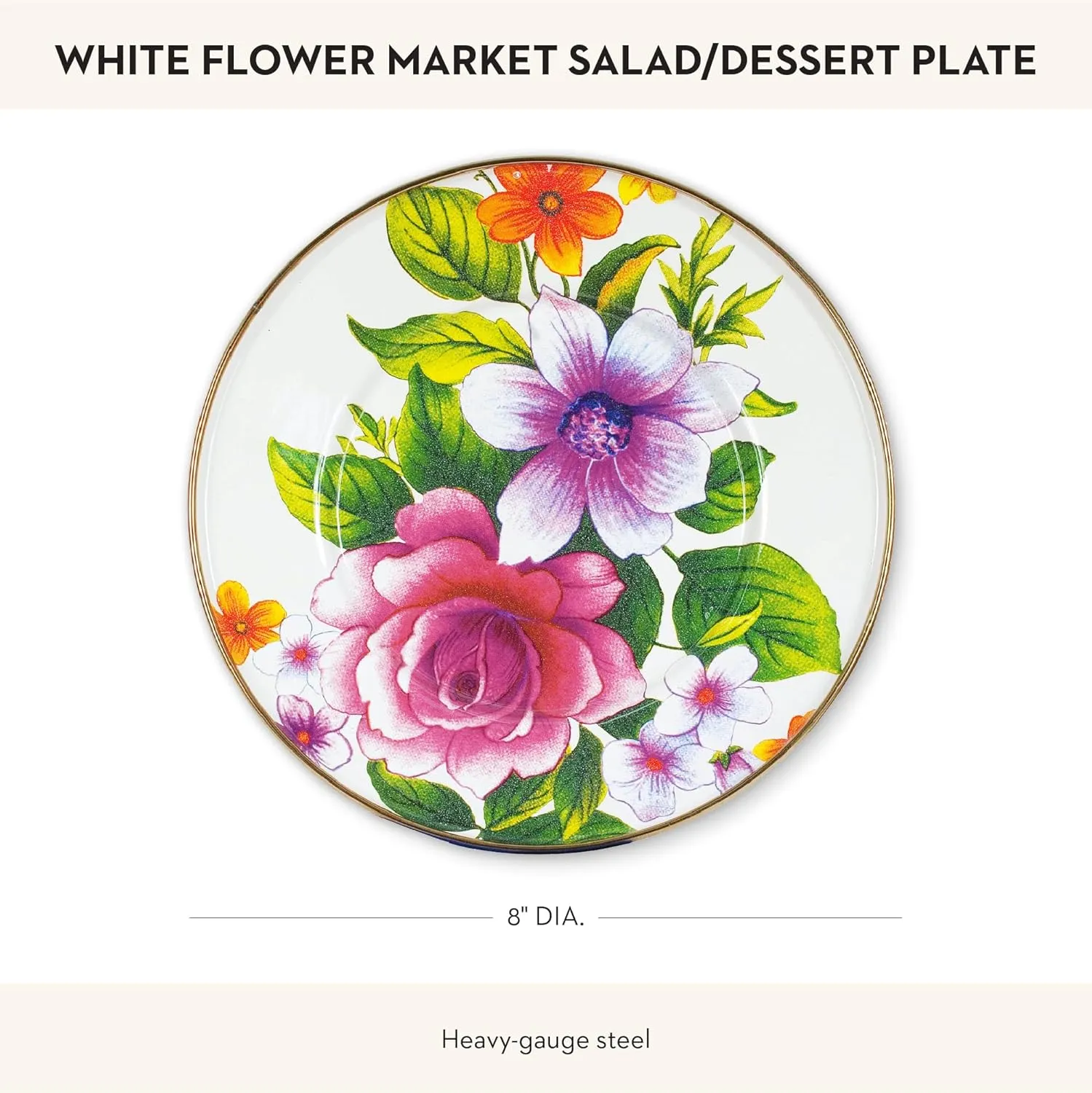 MACKENZIE-CHILDS Enamel Salad and Dessert Plate, Small Plate for a Dessert or Appetizer Dish, 8 Inches, White Flower Market
