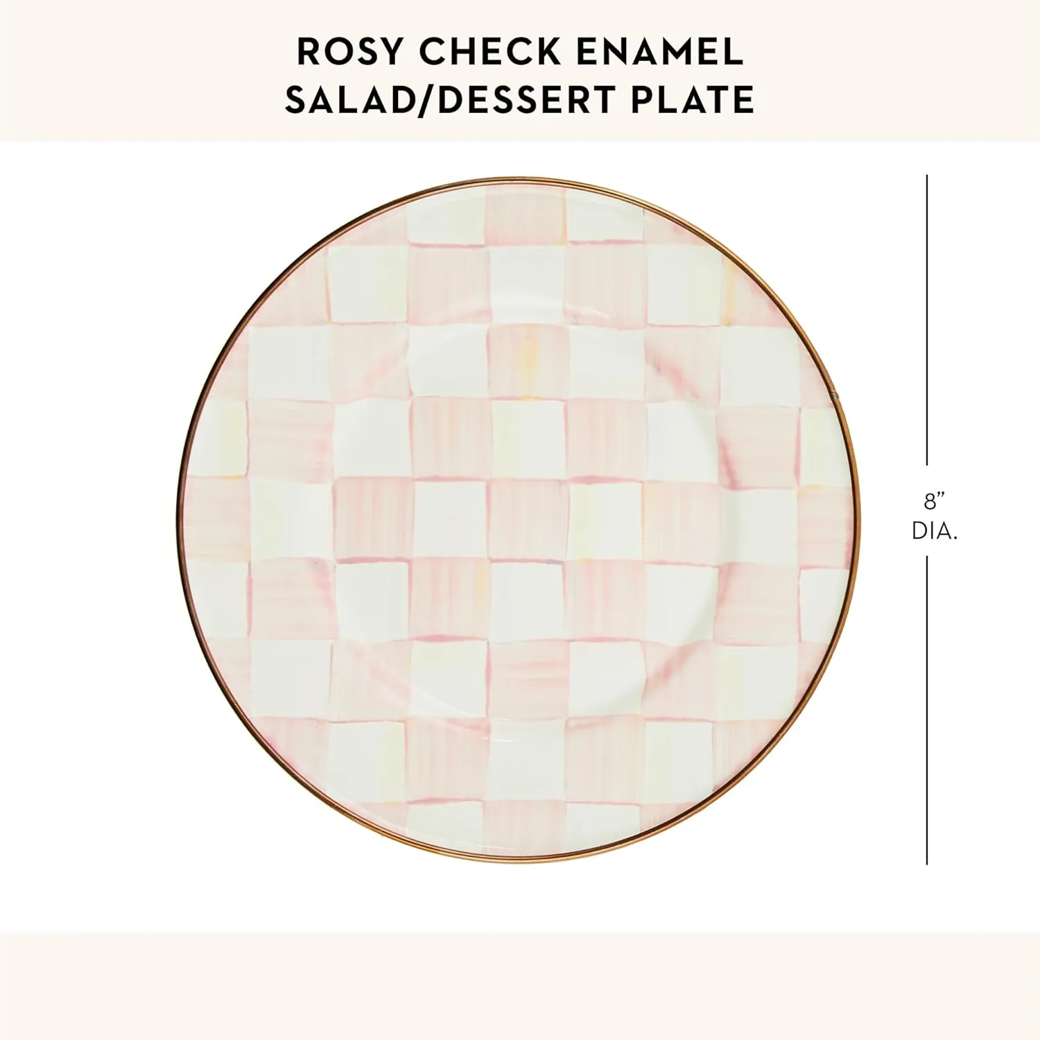 MACKENZIE-CHILDS Enamel Salad and Dessert Plate, Small Plate for Appetizers or Desserts, 8 Inches, Pink-and-White Rosy Check