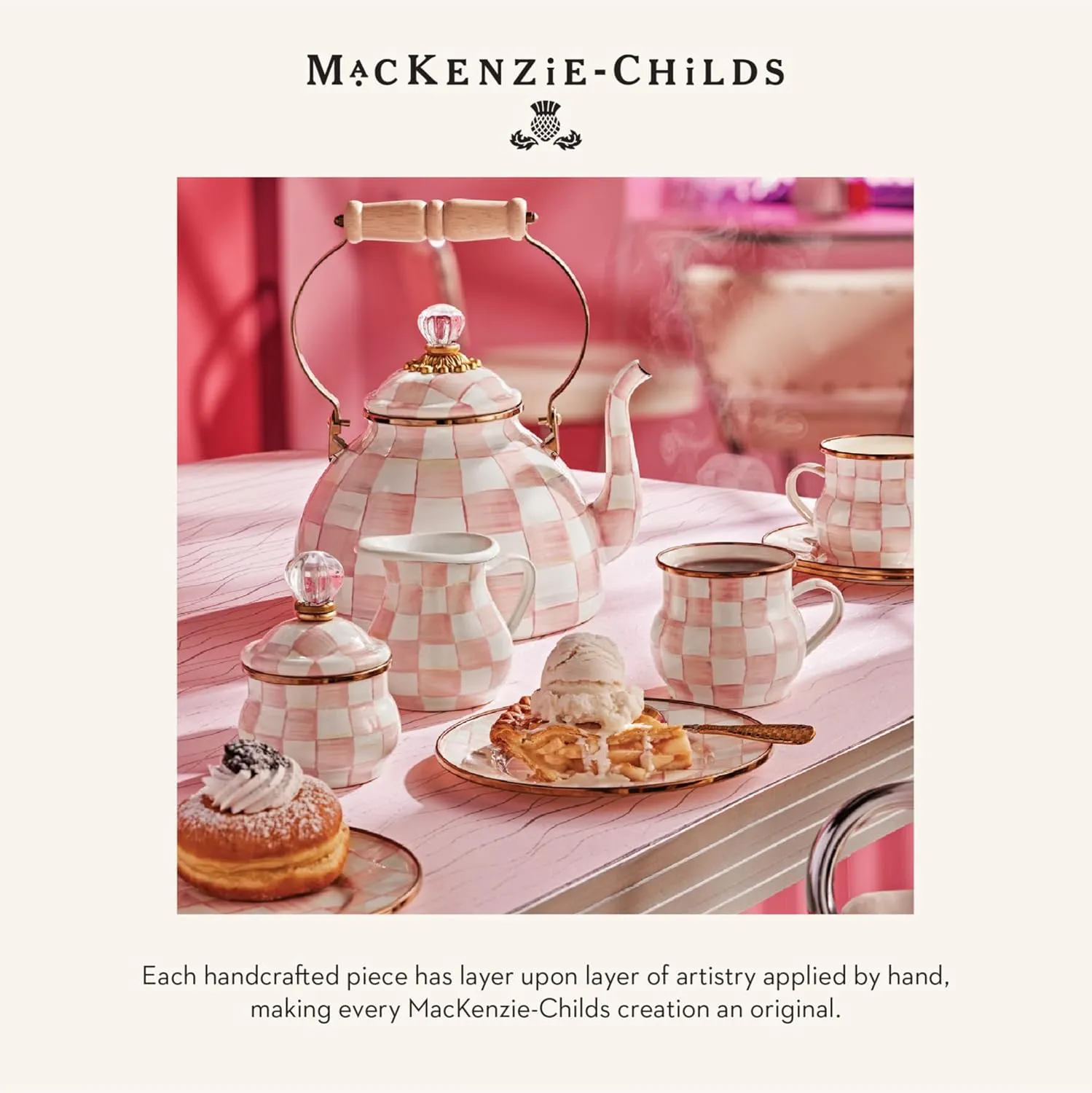 MACKENZIE-CHILDS Enamel Saucer, Small Enamel Plate for Teacups, Pink-and-White Rosy Check