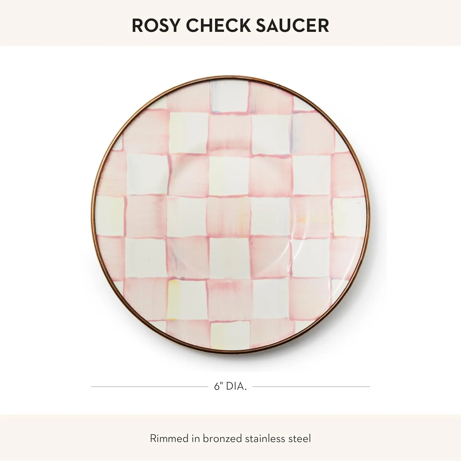 MACKENZIE-CHILDS Enamel Saucer, Small Enamel Plate for Teacups, Pink-and-White Rosy Check