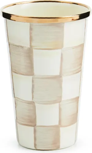 MACKENZIE-CHILDS Enamel Tumbler, Open Tumbler Cup, Cute Enamel Cup, 10 Ounces, Brown-and-White Mocha Check