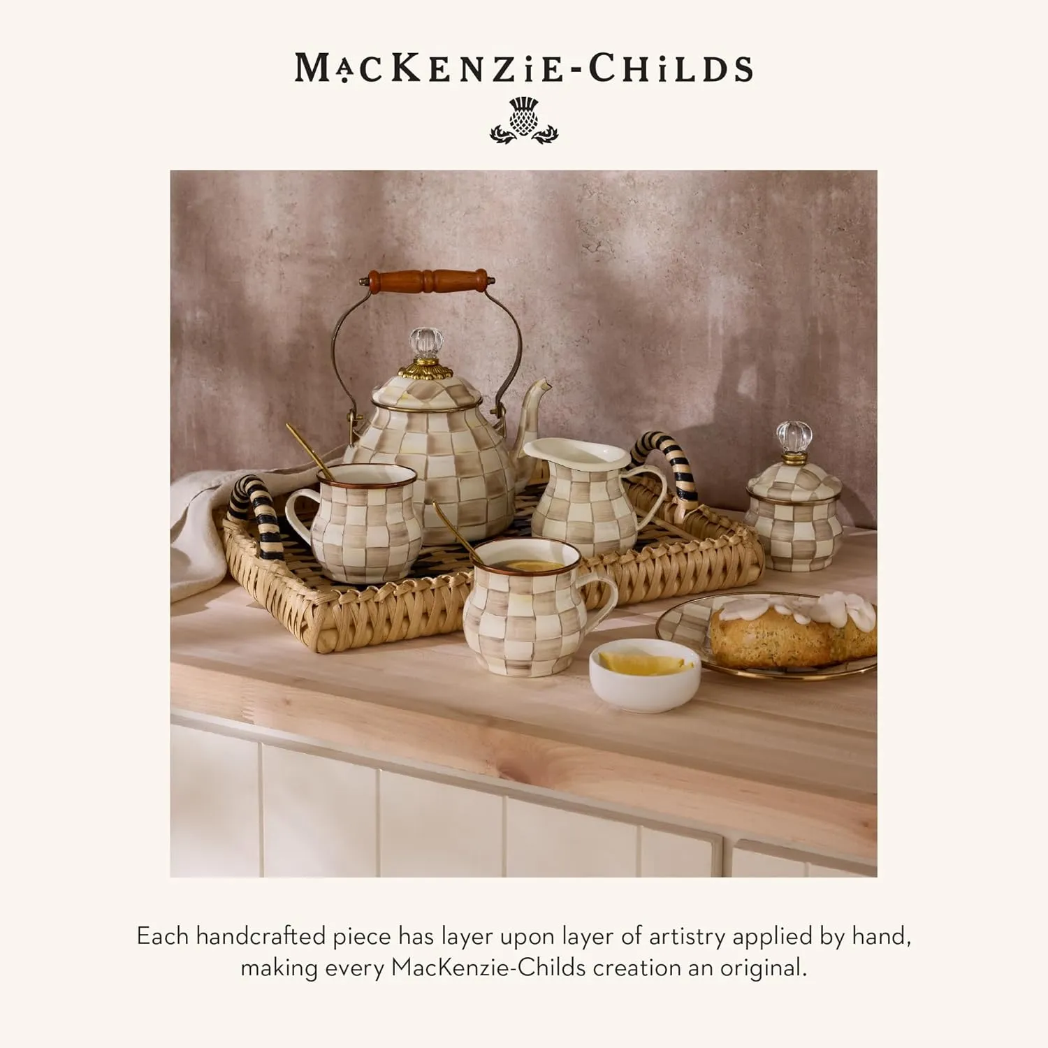 MACKENZIE-CHILDS Enamel Tumbler, Open Tumbler Cup, Cute Enamel Cup, 10 Ounces, Brown-and-White Mocha Check