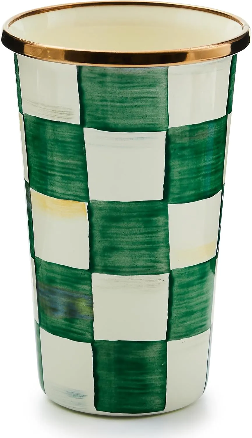 MACKENZIE-CHILDS Enamel Tumbler, Open Tumbler Cup, Cute Enamel Cup, 10 Ounces, Green-and-White Emerald Check
