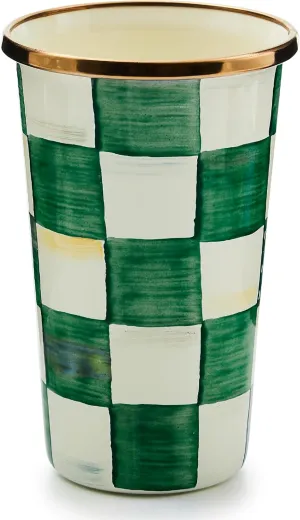 MACKENZIE-CHILDS Enamel Tumbler, Open Tumbler Cup, Cute Enamel Cup, 10 Ounces, Green-and-White Emerald Check