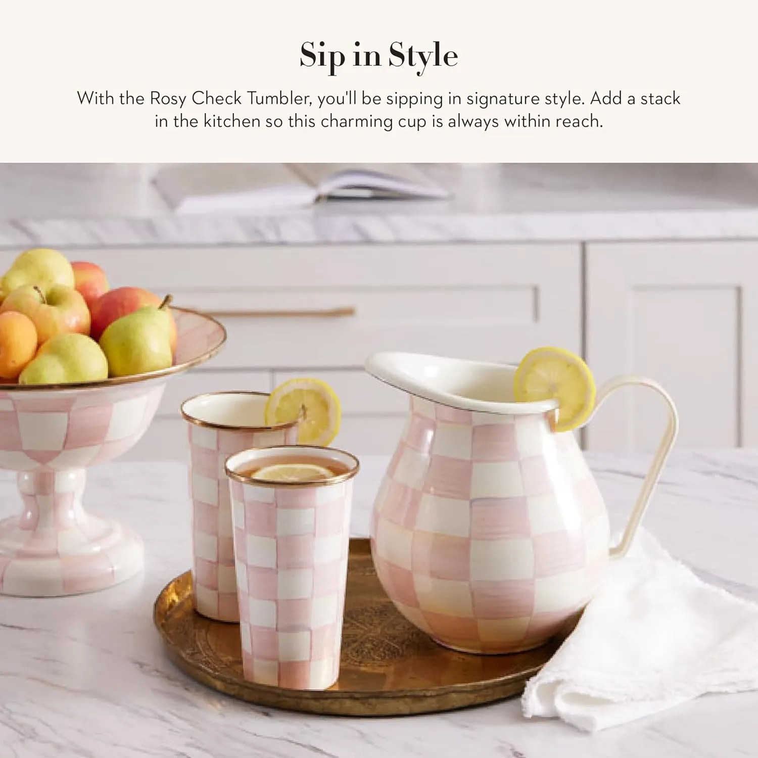 MACKENZIE-CHILDS Enamel Tumbler, Open Tumbler Cup, Cute Enamel Cup, 10 Ounces, Pink-and-White Rosy Check