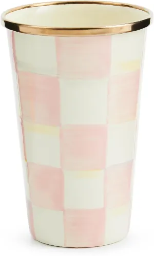 MACKENZIE-CHILDS Enamel Tumbler, Open Tumbler Cup, Cute Enamel Cup, 10 Ounces, Pink-and-White Rosy Check