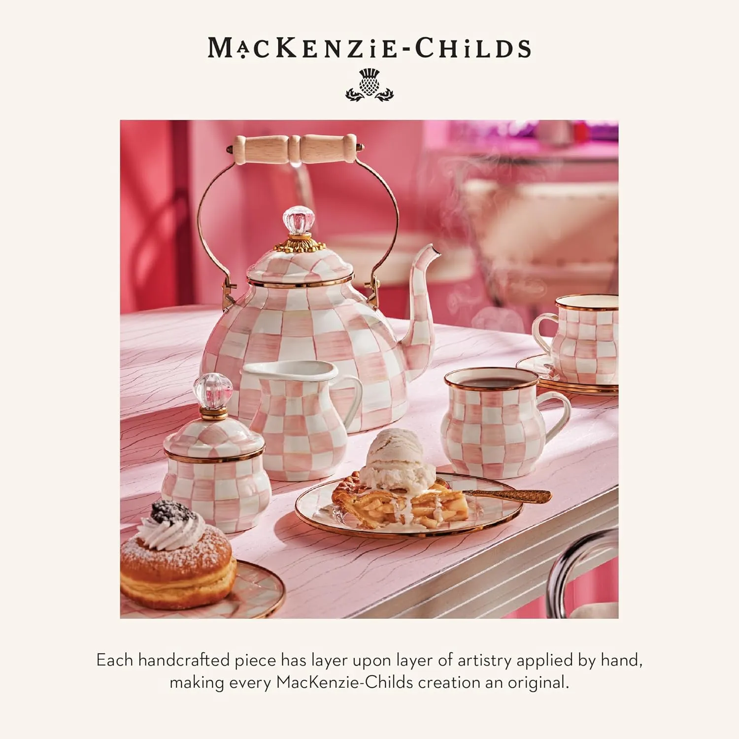 MACKENZIE-CHILDS Enamel Tumbler, Open Tumbler Cup, Cute Enamel Cup, 10 Ounces, Pink-and-White Rosy Check