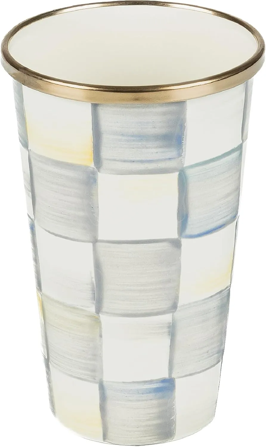 MACKENZIE-CHILDS Enamel Tumbler, Open Tumbler Cup, Cute Enamelware Cup, 10 Ounces, Gray-and-White Sterling Check