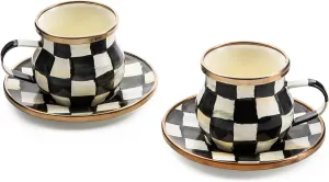 MACKENZIE-CHILDS Espresso Cup and Saucer Set, Cute Small Coffee Cups and Saucers, Set of 2, Black-and-White Courtly Check