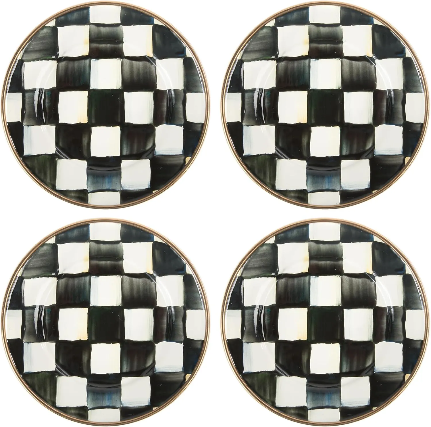 MACKENZIE-CHILDS Set of 4 Enamel Appetizer Plates, Mini Dessert Plates, 5 Inches, Black-and-White Courtly Check