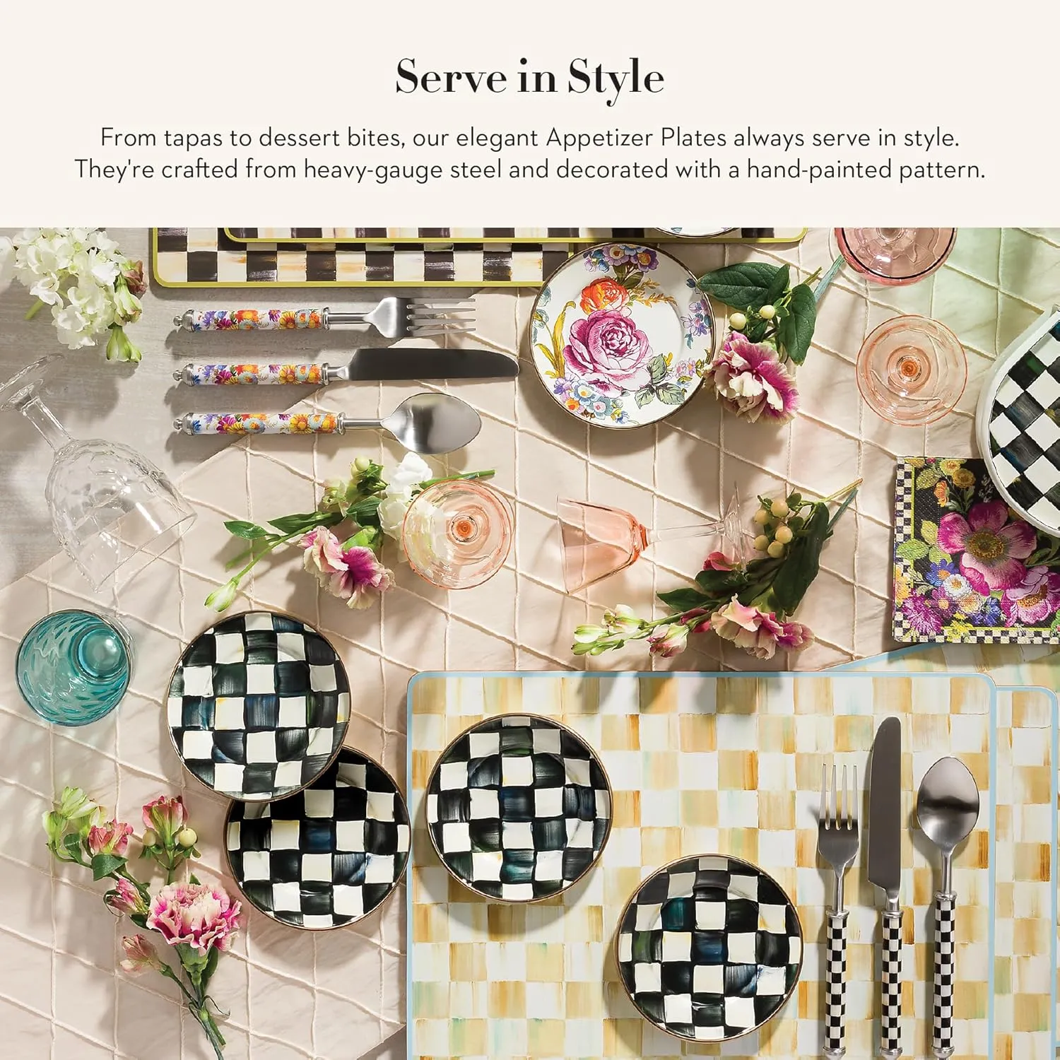 MACKENZIE-CHILDS Set of 4 Enamel Appetizer Plates, Mini Dessert Plates, 5 Inches, Black-and-White Courtly Check