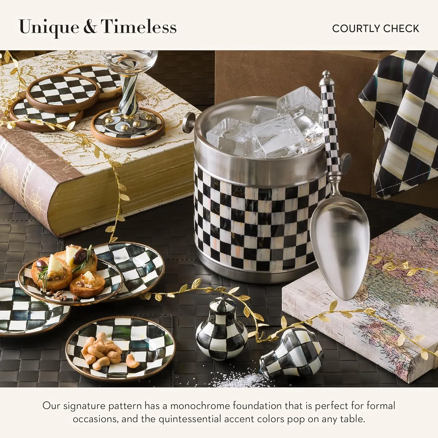 MACKENZIE-CHILDS Set of 4 Enamel Appetizer Plates, Mini Dessert Plates, 5 Inches, Black-and-White Courtly Check