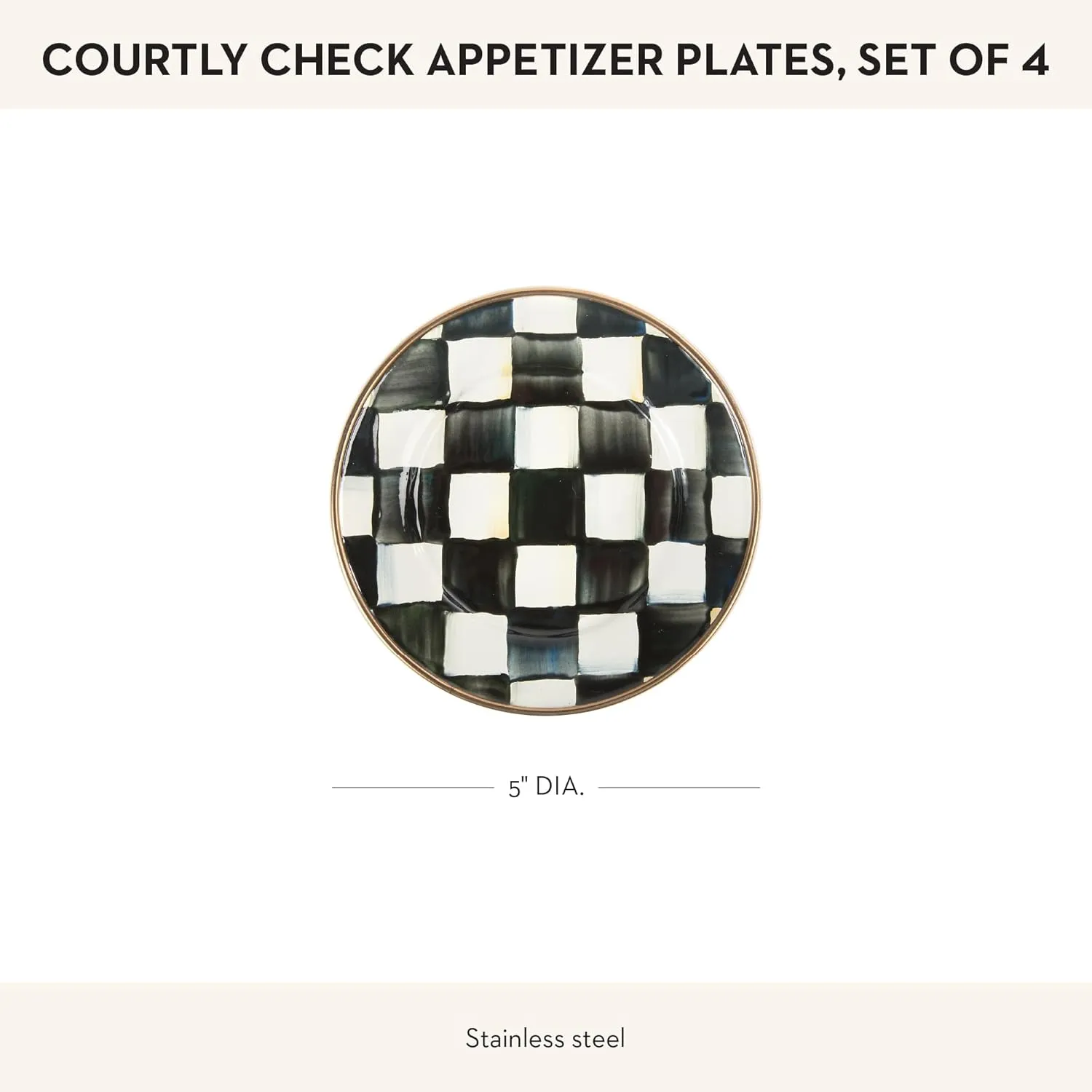 MACKENZIE-CHILDS Set of 4 Enamel Appetizer Plates, Mini Dessert Plates, 5 Inches, Black-and-White Courtly Check