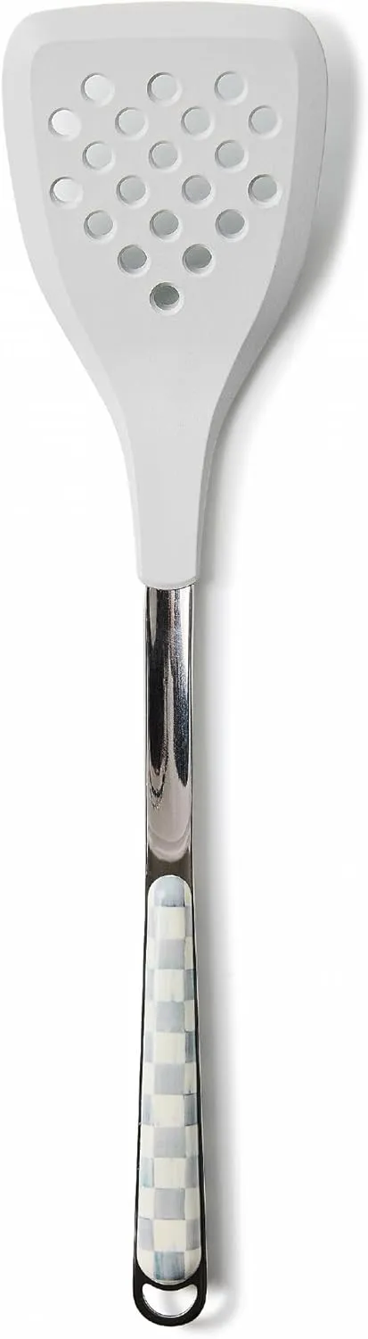 MACKENZIE-CHILDS Slotted Kitchen Spatula, Silicone Spatula for Cooking, Gray-and-White Sterling Check