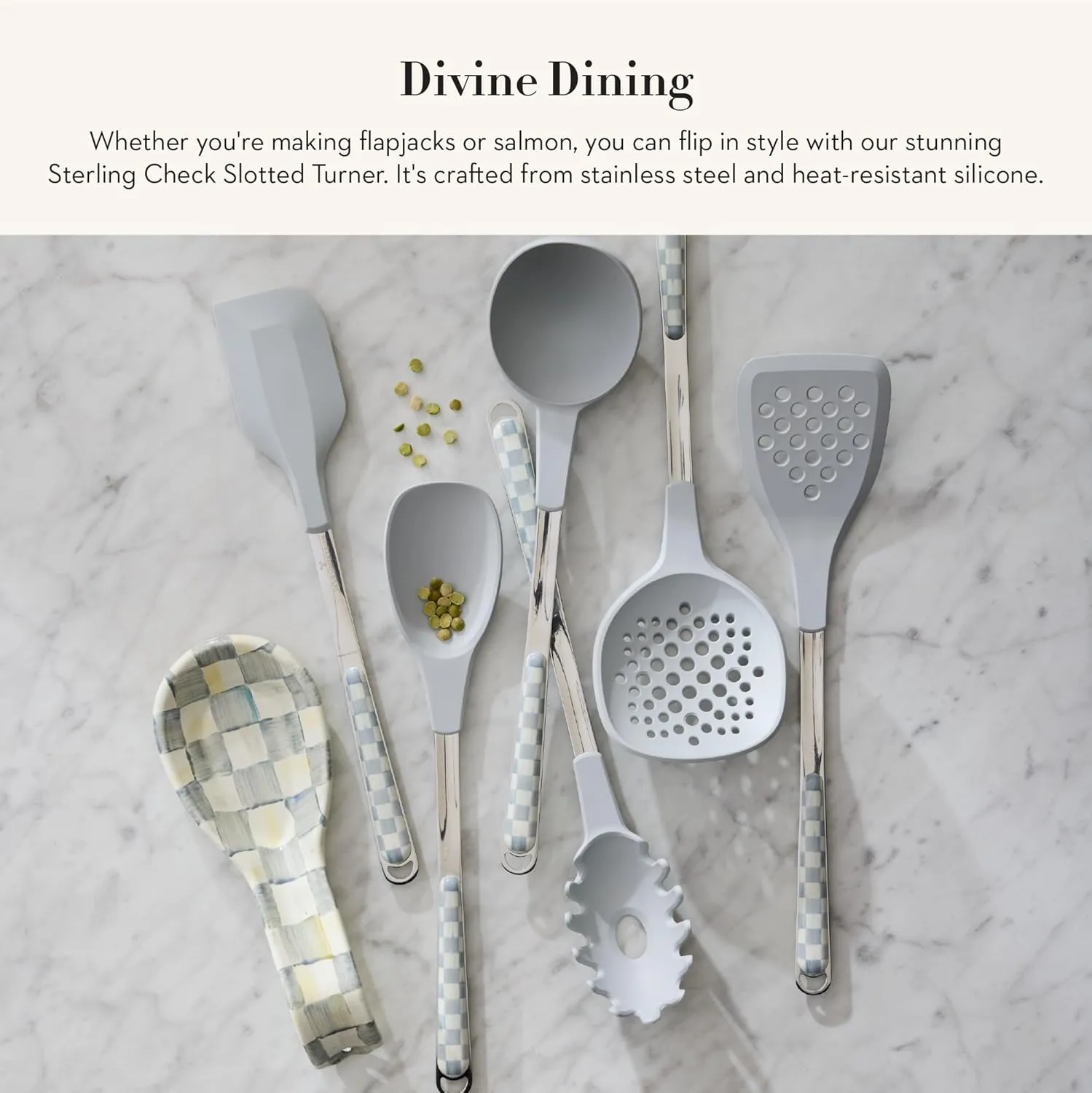 MACKENZIE-CHILDS Slotted Spoon, Silicone Turner for Cooking, Gray-and-White Sterling Check