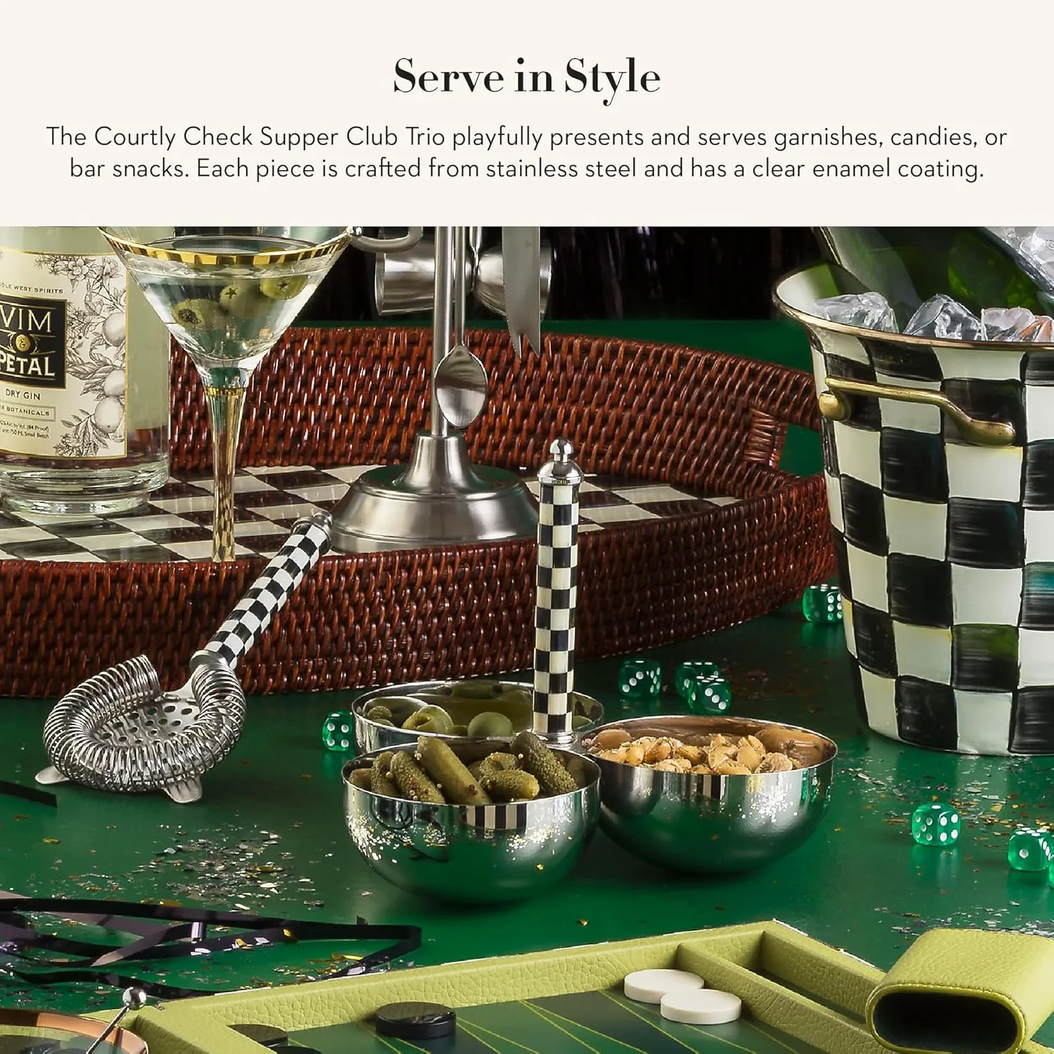 MACKENZIE-CHILDS Supper Club Trio, Stainless-Steel Serving Bowls for Condiments and Snacks, Black-and-White Courtly Check