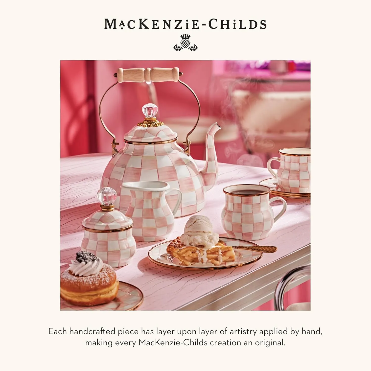 MACKENZIE-CHILDS Tumbler Glasses, Elegant Drinkware, Glasses with Gold Rim, 8 Ounces, Set of 2, Pink-and-White Rosy Check