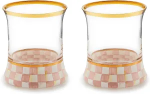MACKENZIE-CHILDS Tumbler Glasses, Elegant Drinkware, Glasses with Gold Rim, 8 Ounces, Set of 2, Pink-and-White Rosy Check