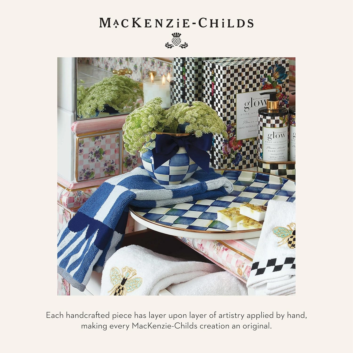 MACKENZIE-CHILDS Bath Towel, Cute Decorative Bathroom Towel, Blue-and-White Royal Check