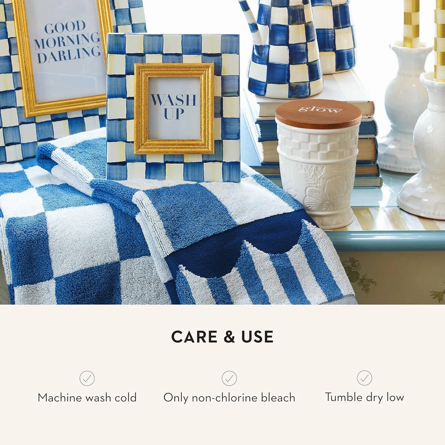MACKENZIE-CHILDS Bath Towel, Cute Decorative Bathroom Towel, Blue-and-White Royal Check