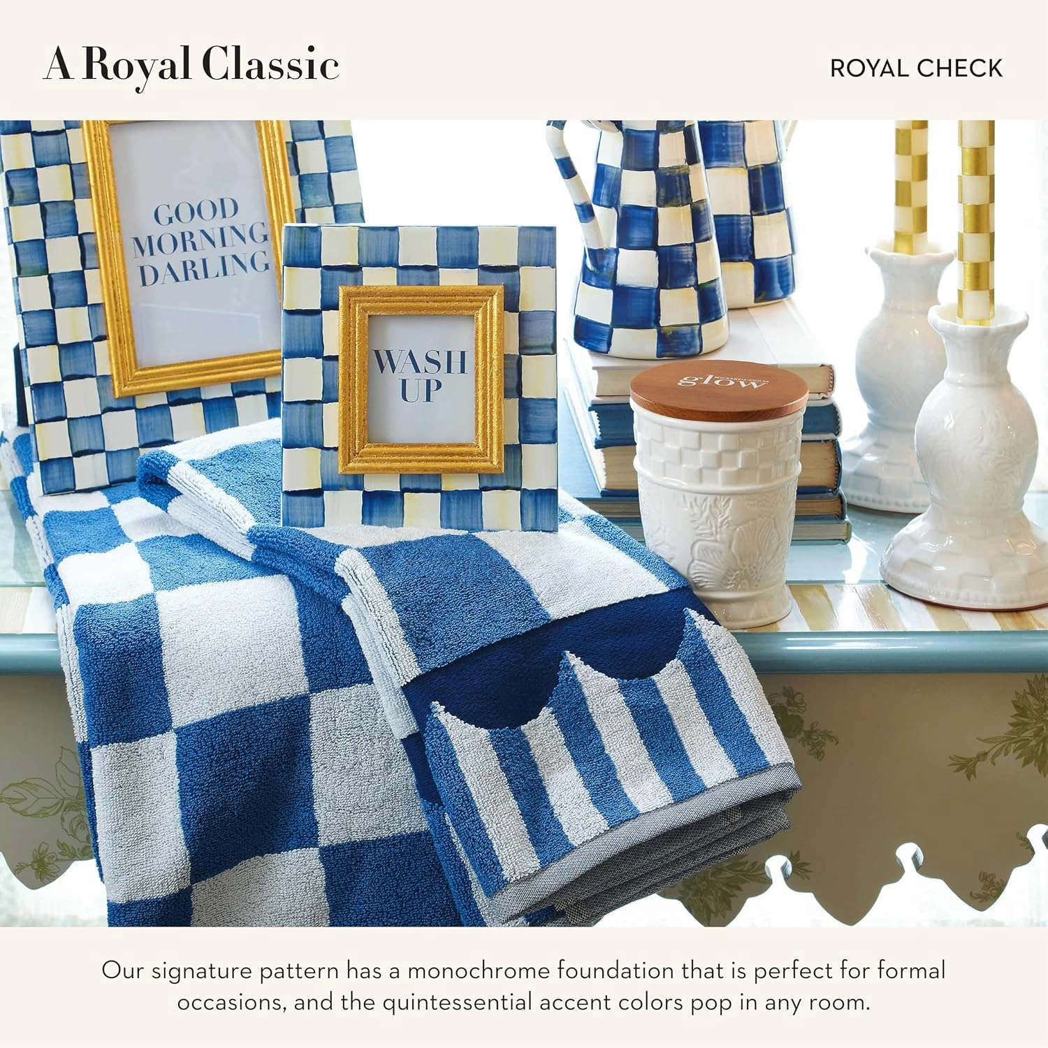 MACKENZIE-CHILDS Bath Towel, Cute Decorative Bathroom Towel, Blue-and-White Royal Check