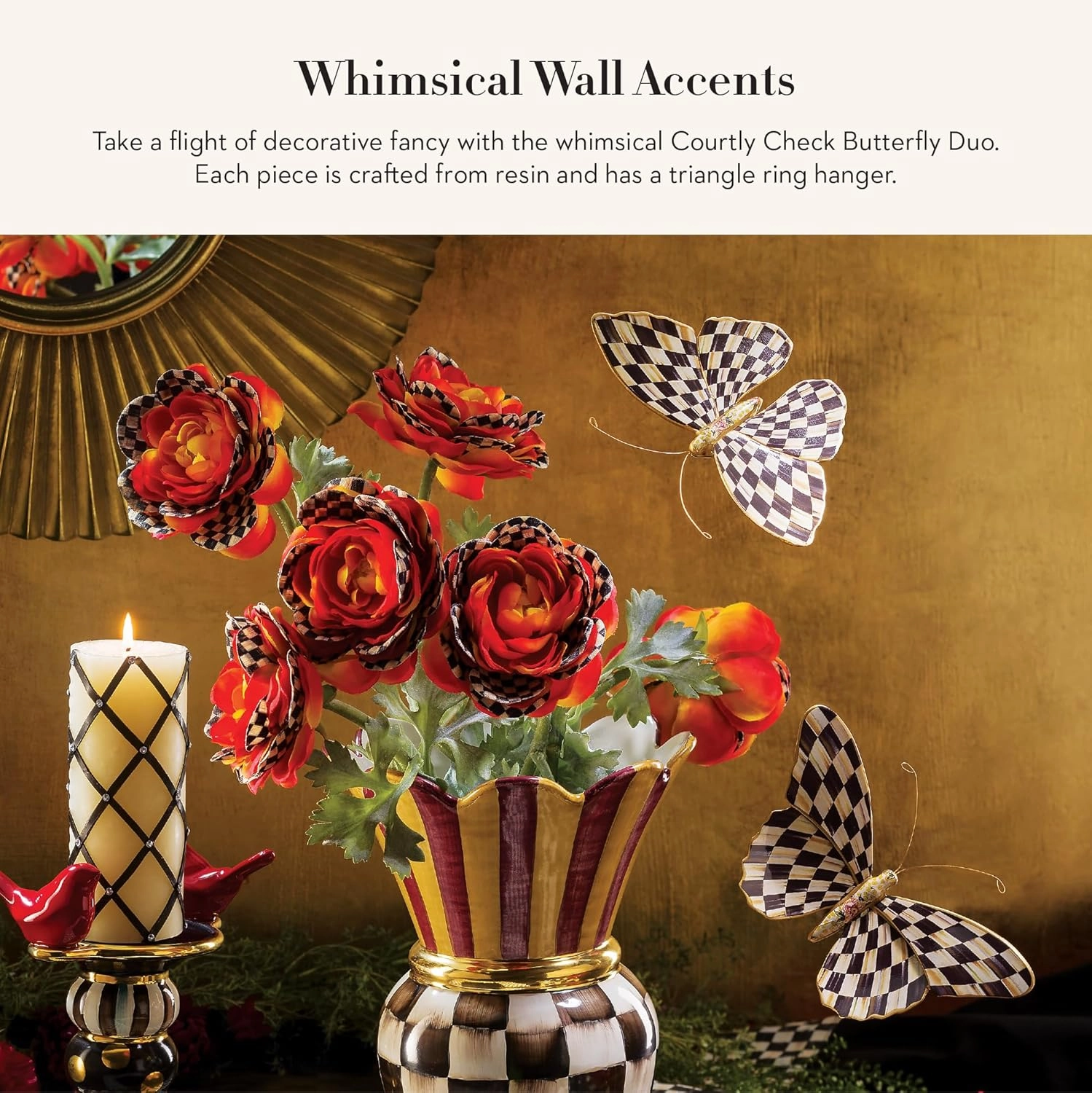 MACKENZIE-CHILDS Butterfly Duo, Hanging Butterfly Wall Decor, Black-and-White Courtly Check, Set of 2
