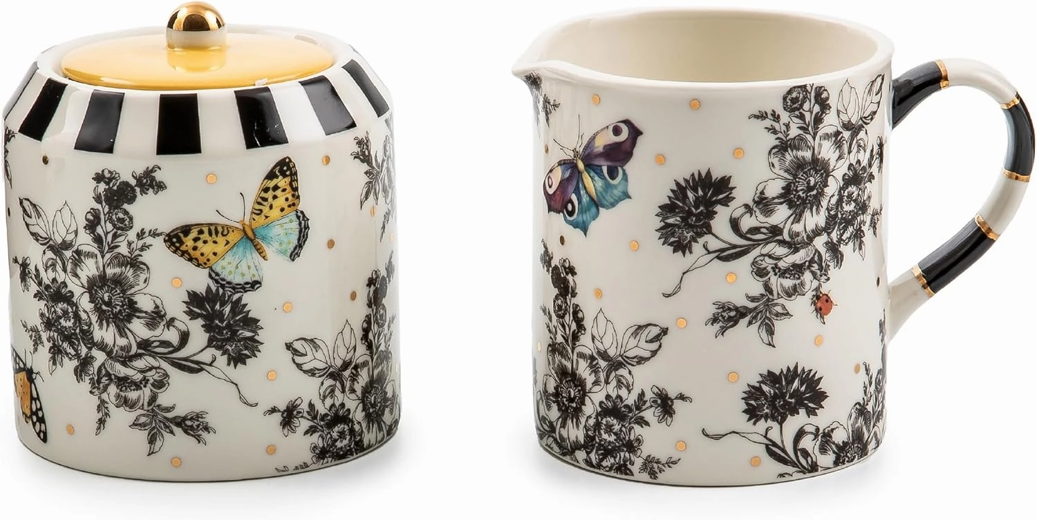 MACKENZIE-CHILDS Creamer and Sugar-Bowl Set, Cream Dispenser and Sugar Holder, Unique Kitchen Decor, Butterfly Toile