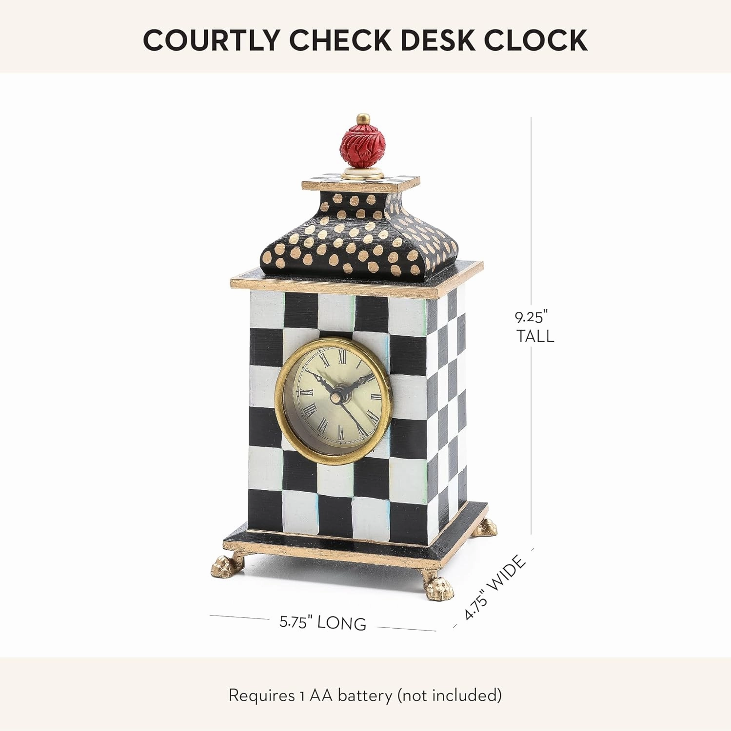 MACKENZIE-CHILDS Desk Clock, Decorative Wood Clock for Kitchen and Living Room, Black-and-White Courtly Check