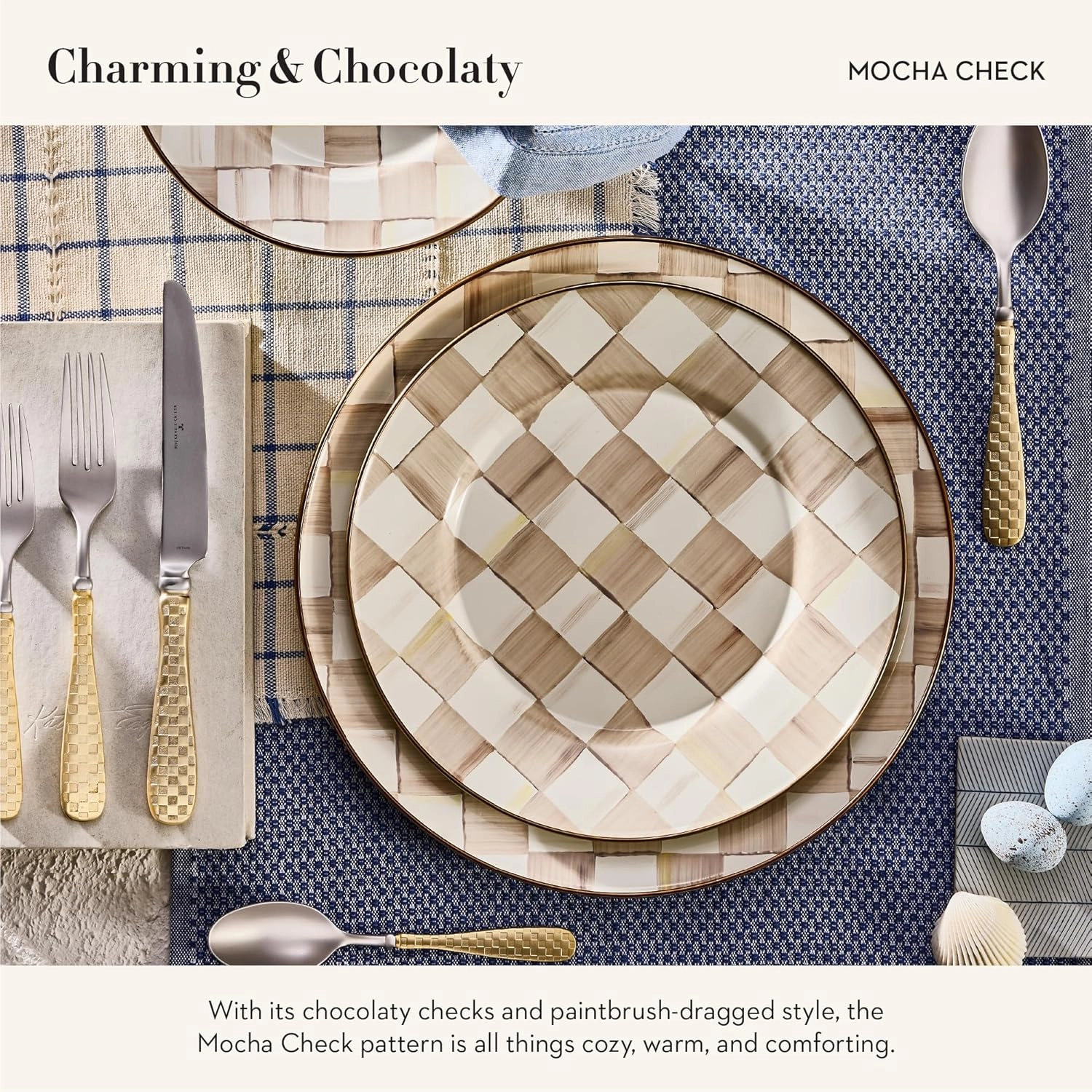 MACKENZIE-CHILDS Enamel Dinner Plate, Decorative Dinnerware Plate, 10 Inches, Brown-and-White Mocha Check