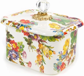MACKENZIE-CHILDS Enamel Recipe Box, Cute Recipe-Card Box with Lid, Index-Card Holder for Kitchen, White Flower Market
