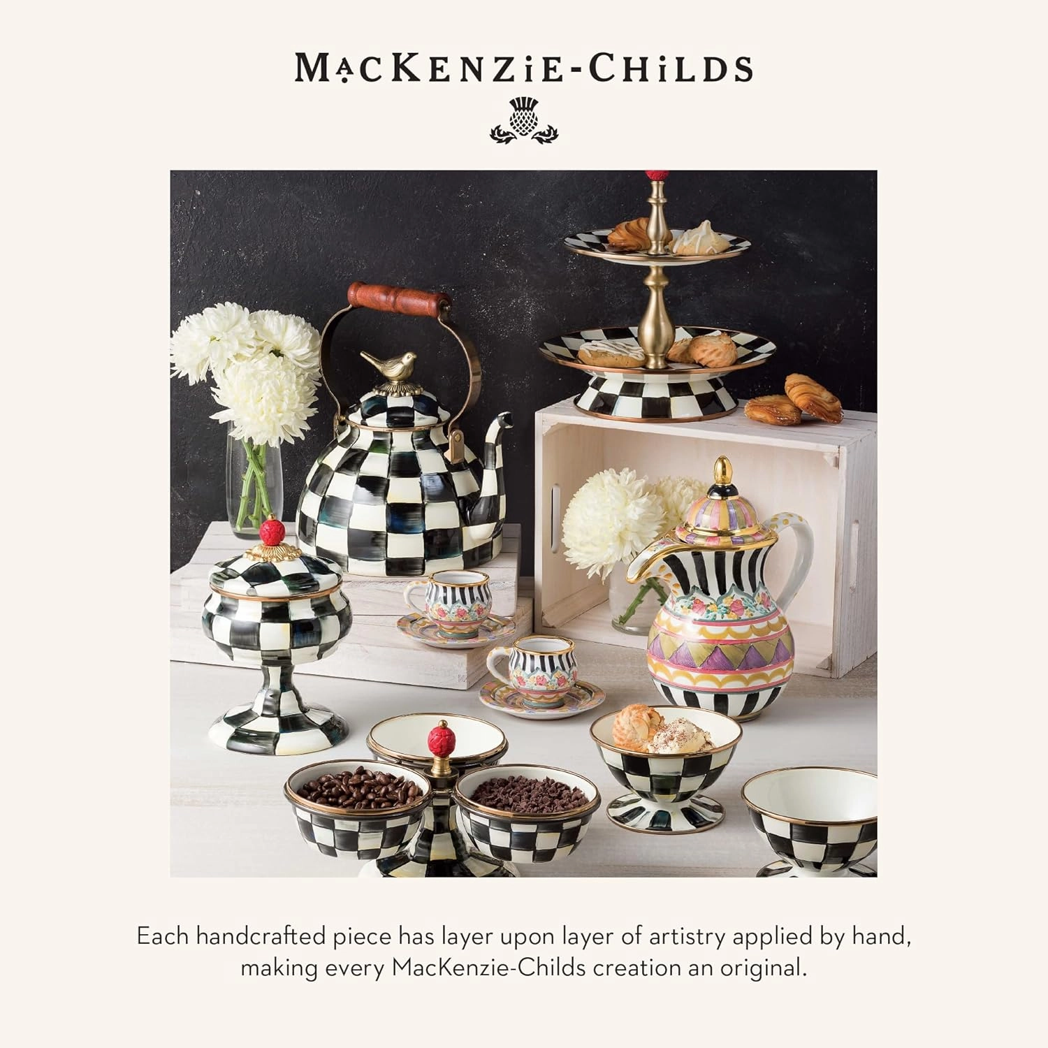 MACKENZIE-CHILDS Enamel Salad and Dessert Plate, Small Plate for a Dessert or Appetizer Dish, 8 Inches, Black-and-White Courtly Check