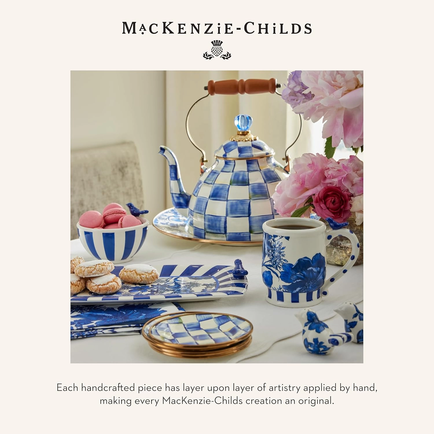 MACKENZIE-CHILDS Enamel Utensil Holder, Kitchen Utensil Holder for Countertop, Storage Caddy, Blue-and-White Royal Check