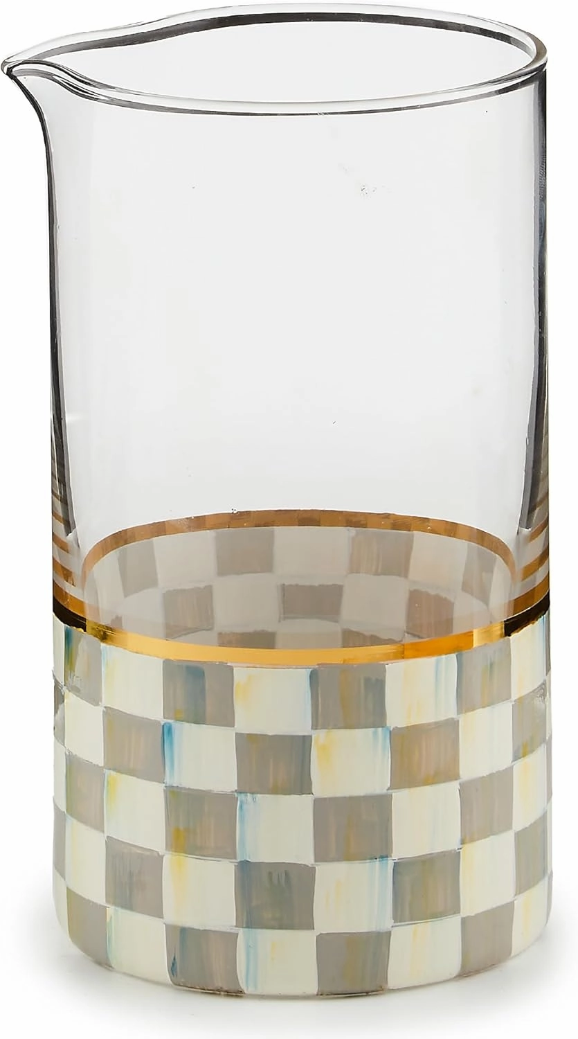 MACKENZIE-CHILDS Mixing Glass, Tall Cocktail Mixing Glass with Spout, Bar Accessory, 2.5 Cups, Gray-and-White Sterling Check