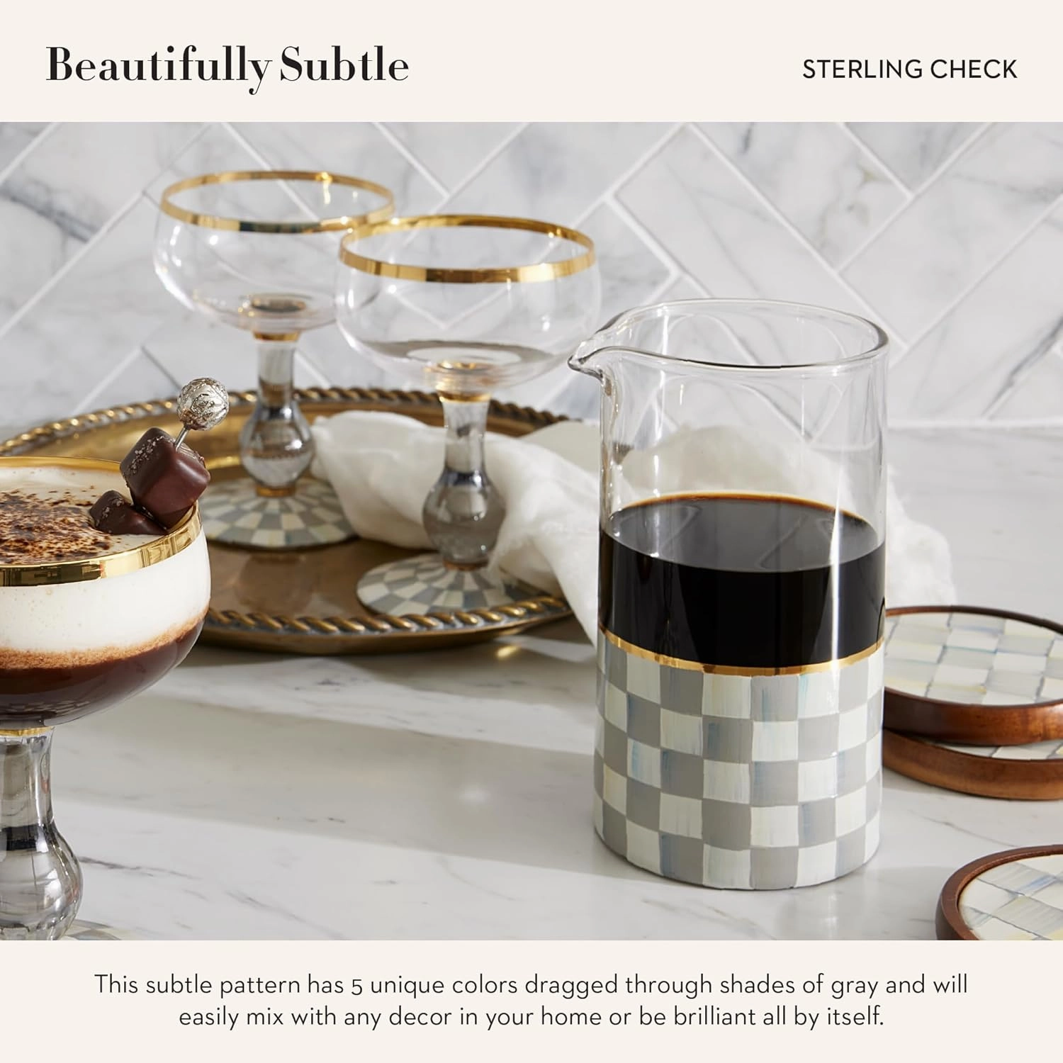 MACKENZIE-CHILDS Mixing Glass, Tall Cocktail Mixing Glass with Spout, Bar Accessory, 2.5 Cups, Gray-and-White Sterling Check