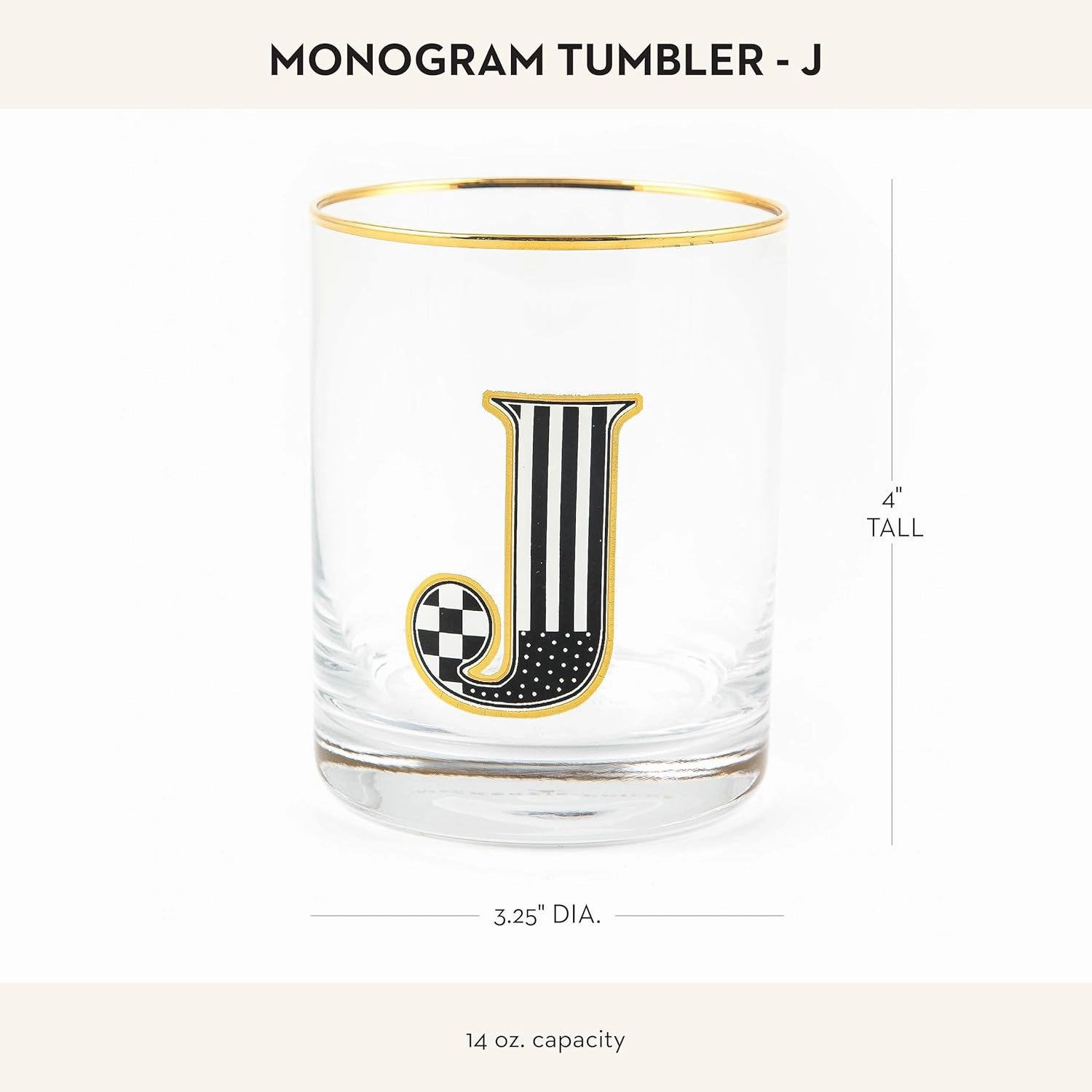 MACKENZIE-CHILDS Monogram Tumbler, Glass Tumbler with Letter, 14 Ounces, J