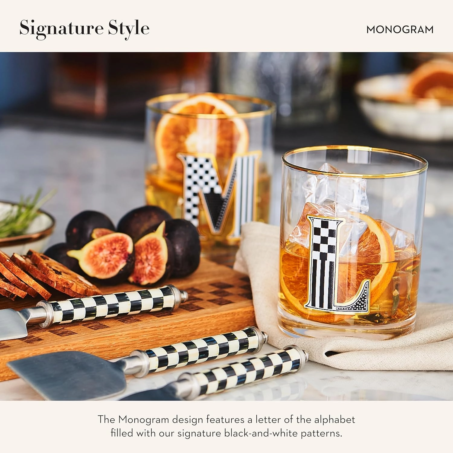 MACKENZIE-CHILDS Monogram Tumbler, Glass Tumbler with Letter, 14 Ounces, J