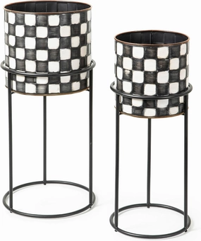 MACKENZIE-CHILDS Set of 2 Check It Out Metal Planters, Black-and-White Garden Planter