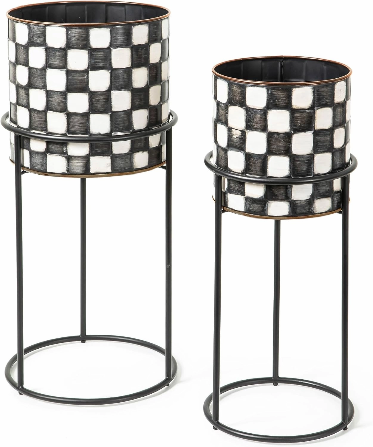 MACKENZIE-CHILDS Set of 2 Check It Out Metal Planters, Black-and-White Garden Planter