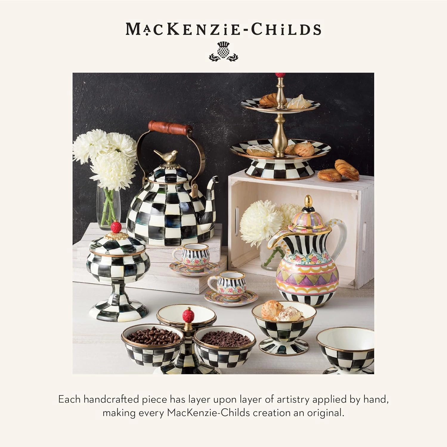 MACKENZIE-CHILDS Set of 2 Farmhouse Canister, Lidded Kitchen Canister with Spoon, Black-and-White Courtly Check