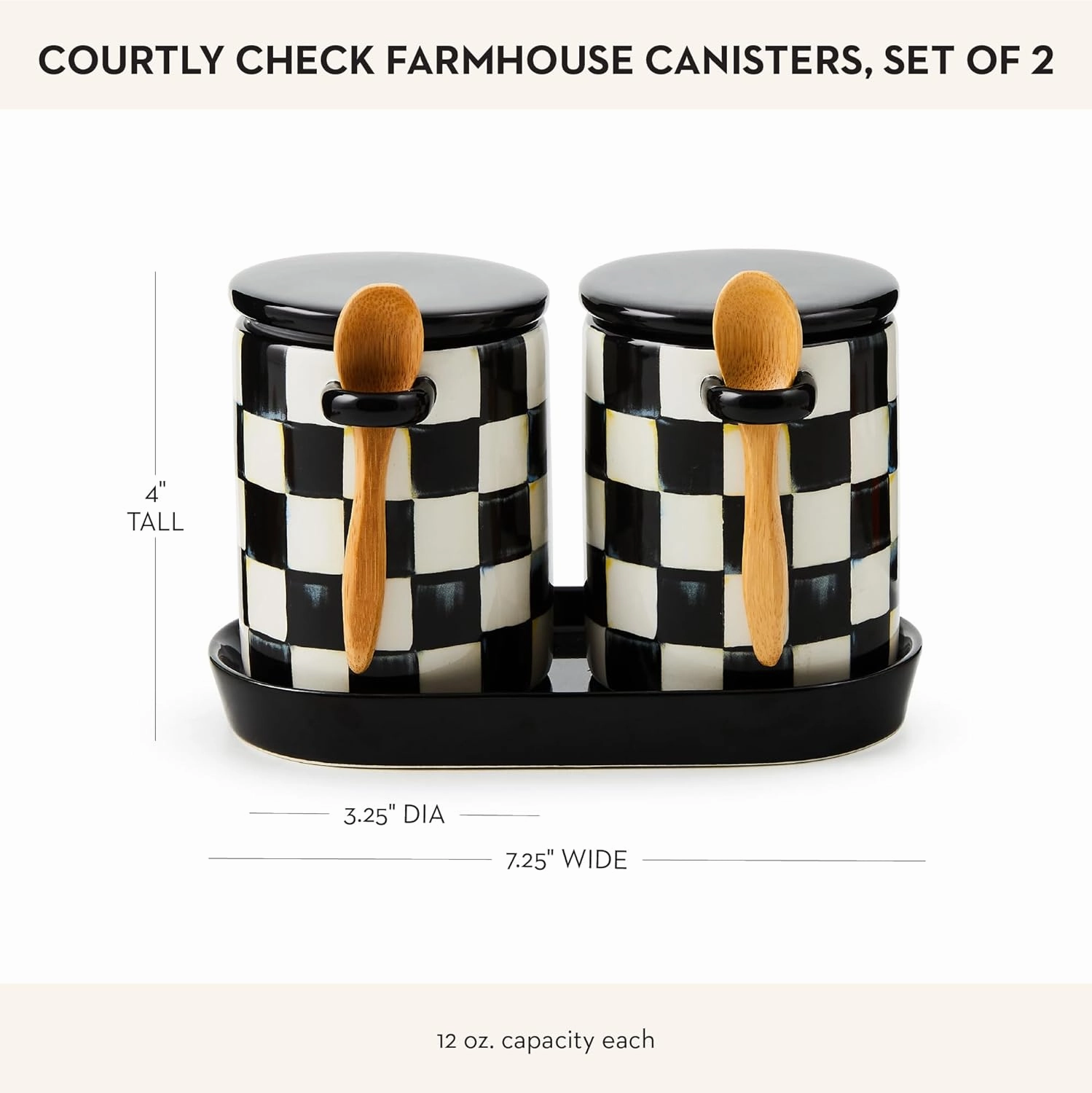 MACKENZIE-CHILDS Set of 2 Farmhouse Canister, Lidded Kitchen Canister with Spoon, Black-and-White Courtly Check