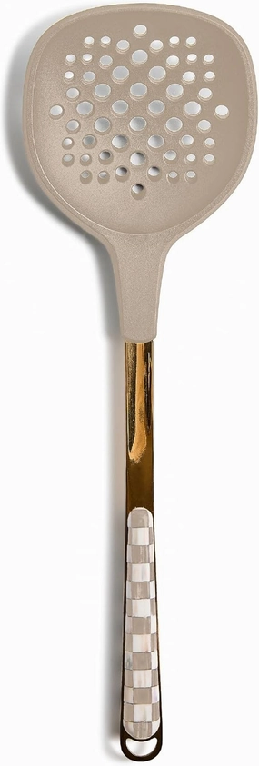 MACKENZIE-CHILDS Slotted Spoon, Silicone Turner for Cooking, Brown-and-White Mocha Check