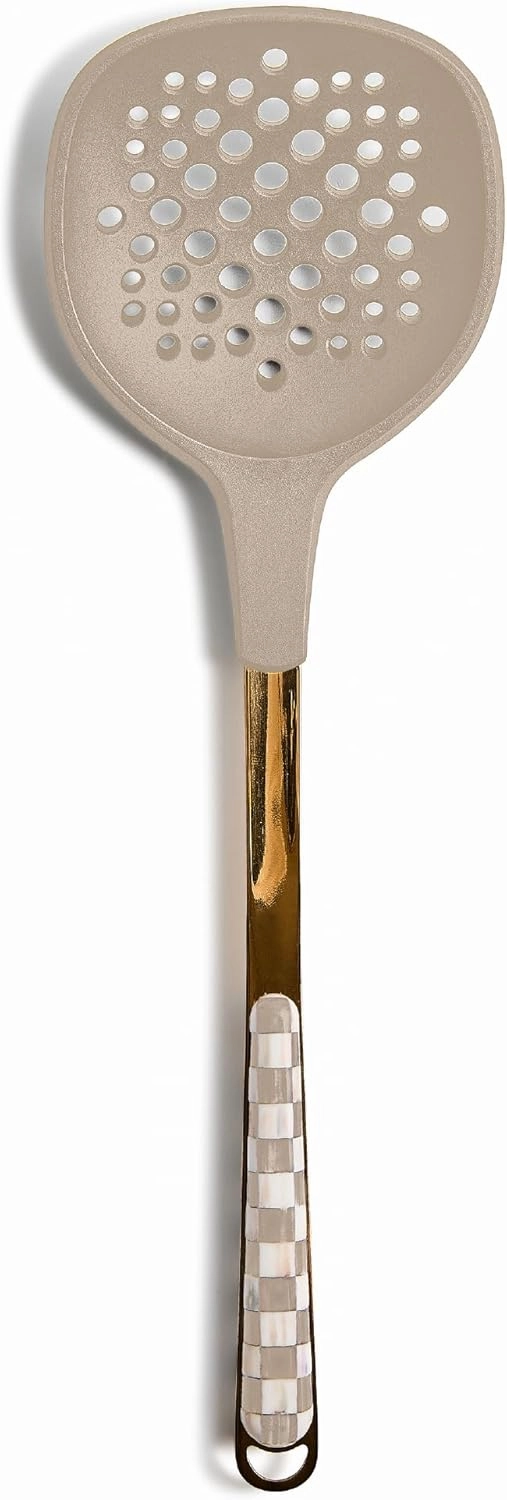 MACKENZIE-CHILDS Slotted Spoon, Silicone Turner for Cooking, Brown-and-White Mocha Check