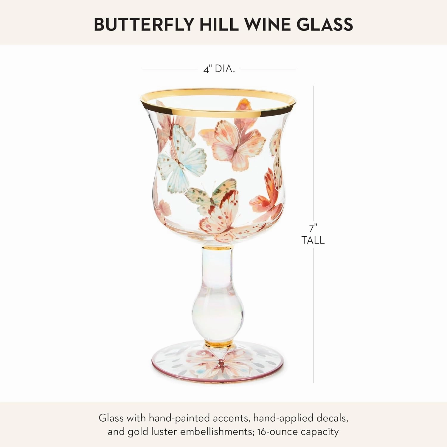 MACKENZIE-CHILDS Stemmed Wine Glass, Decorative Wine Glassware, 16 Ounces, Butterfly Hill